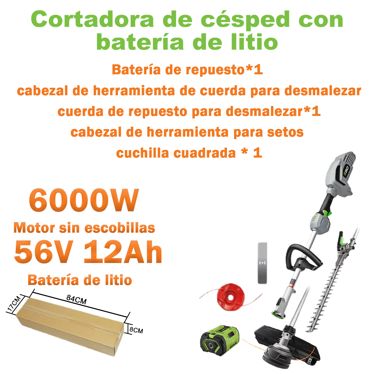 Herramienta de jardinería EGO (6000 W + 56 V + 12 Ah) + cabezal de cuerda de corte + cuerda de corte de repuesto*1 + cabezal de cortasetos + cuchilla cuadrada*1 + batería de repuesto*1