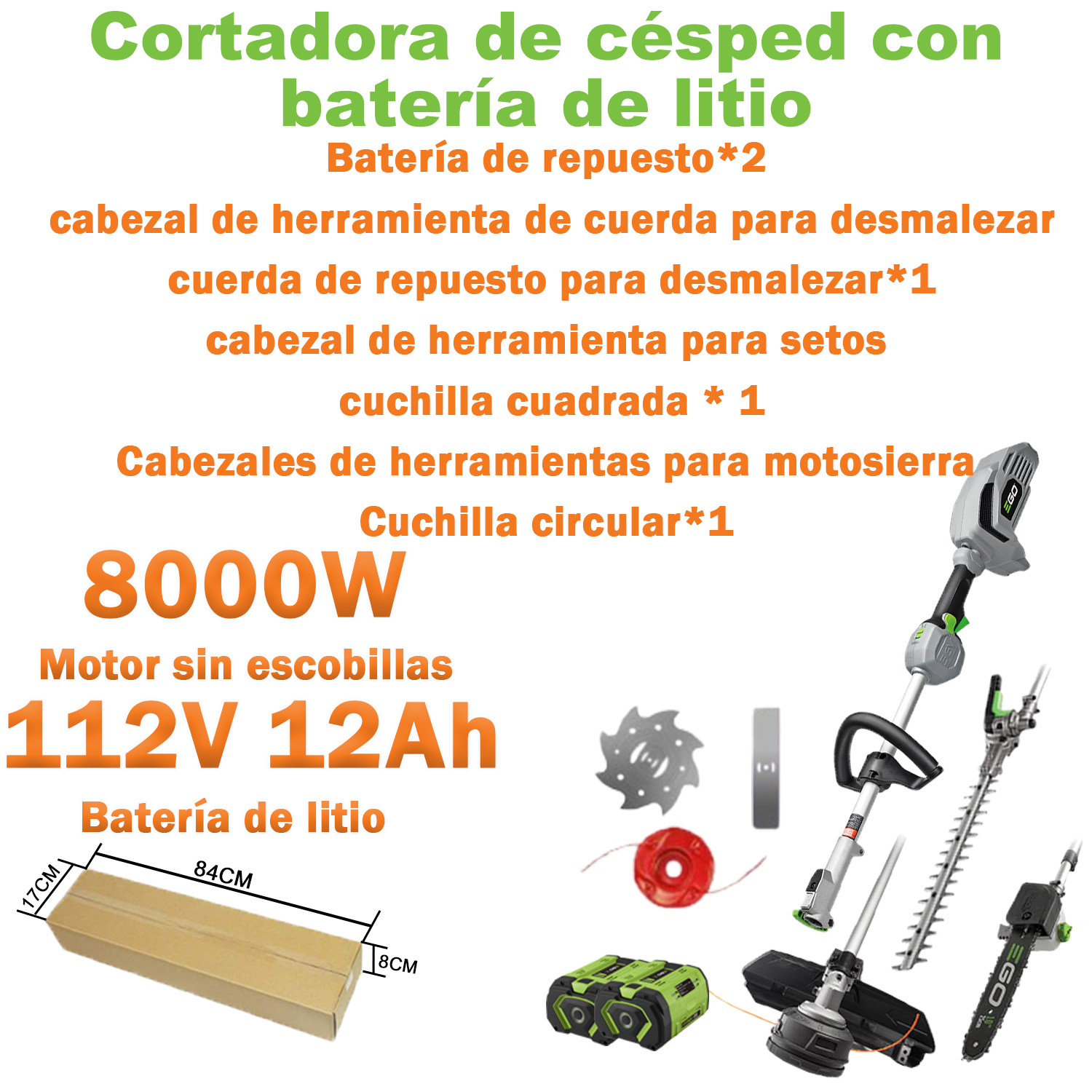 Herramientas de jardinería EGO (8000 W + 112 V + 12 Ah) + cabezal de cuerda de corte + cuerda de corte de repuesto*1 + cabezal de cortasetos + cuchilla cuadrada*1 + cabezal de motosierra + cuchilla circular*1 + baterías de repuesto*2